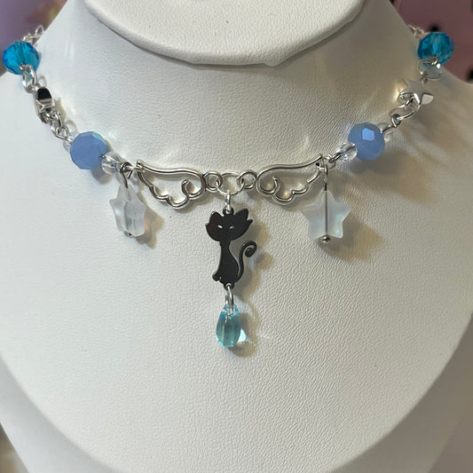 Blue Silver Kitty necklace! ~choker style~