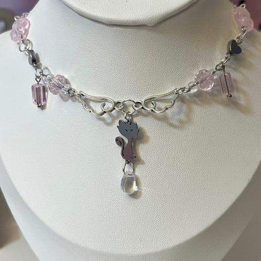 Pink Silver Kitty necklace! ~choker style~