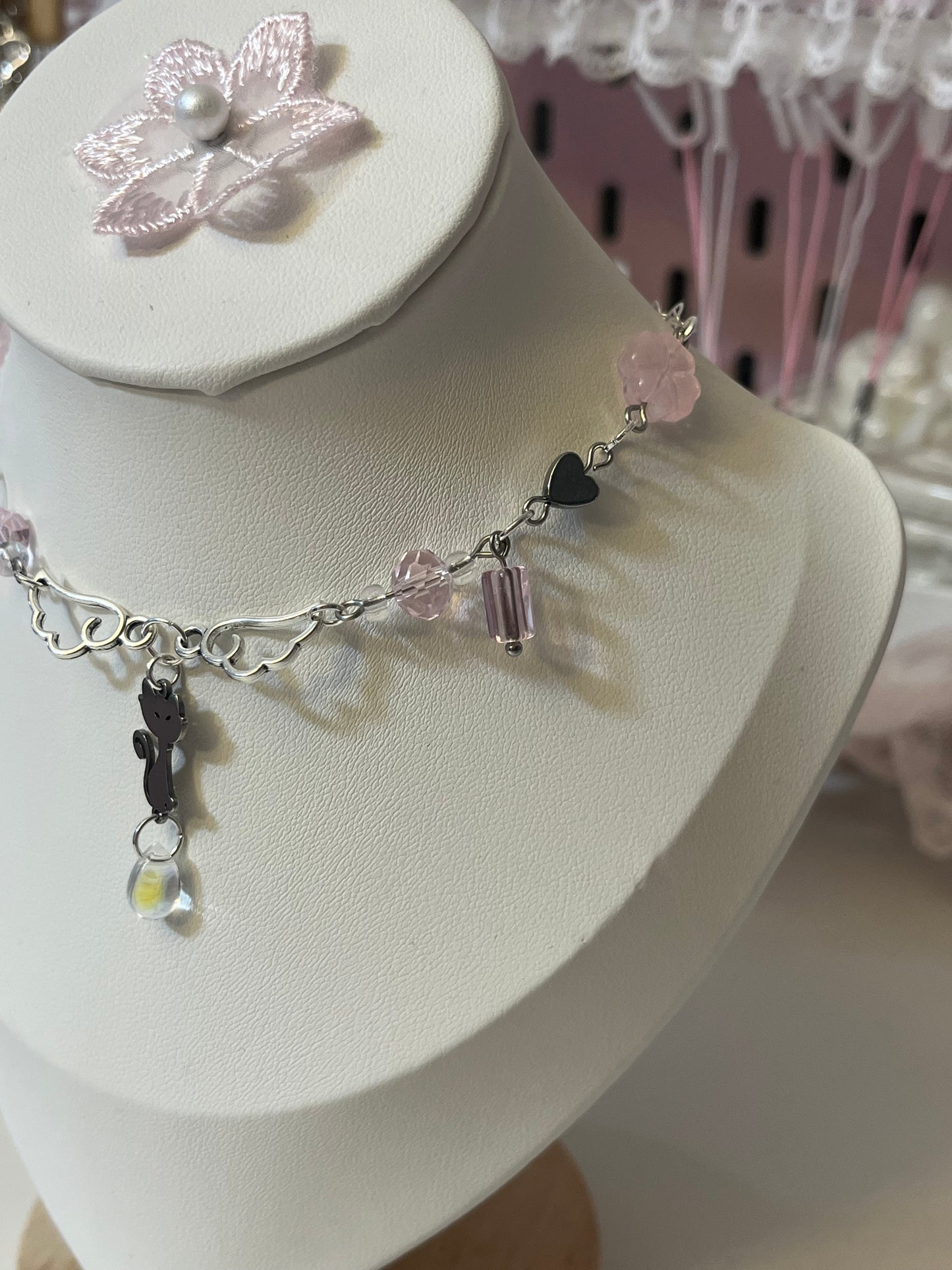 Pink Silver Kitty necklace! ~choker style~