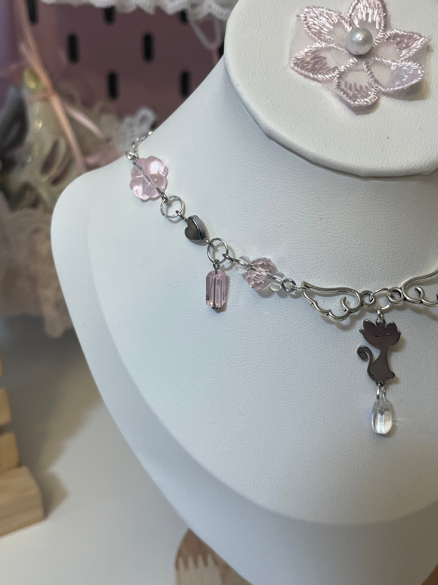 Pink Silver Kitty necklace! ~choker style~
