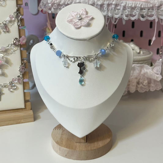 Blue Silver Kitty necklace! ~choker style~