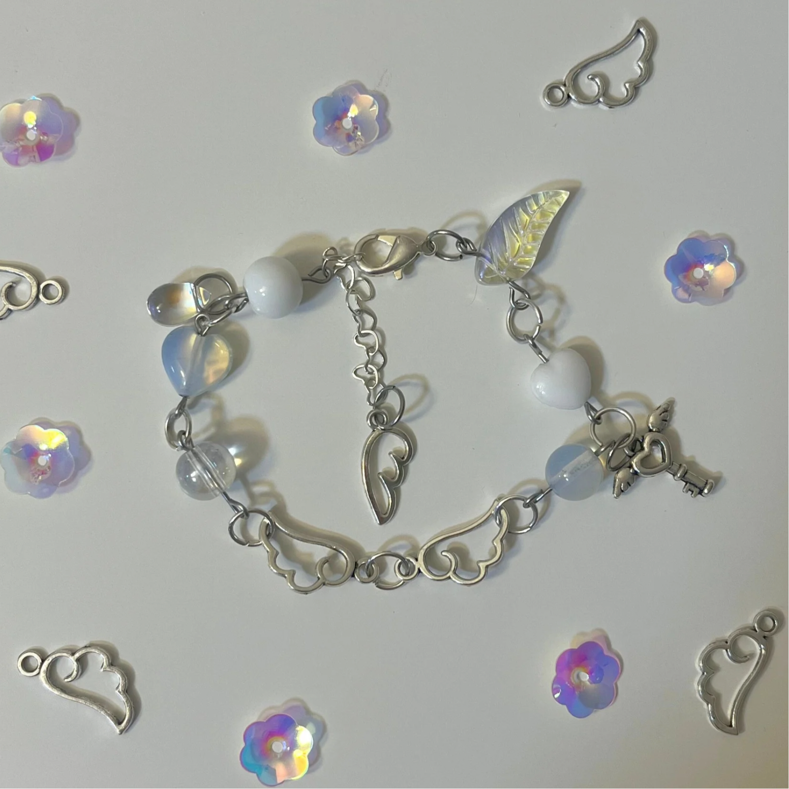 Dainty Angel Bracelet, silver, glass, white, handmade AngelixGemz