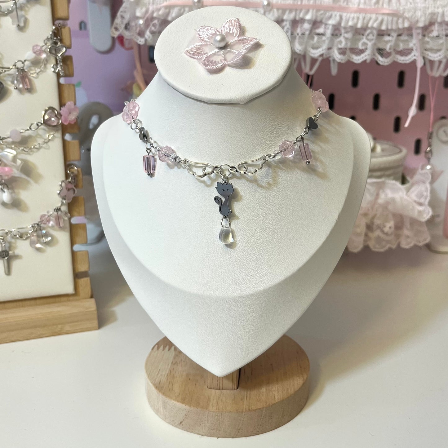 Pink Silver Kitty necklace! ~choker style~